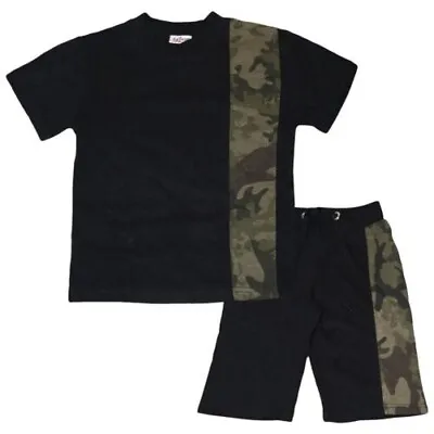 Kids Boys T Shirt Shorts Camouflage Green Contrast Panelled Top Summer Short Set • $19.46
