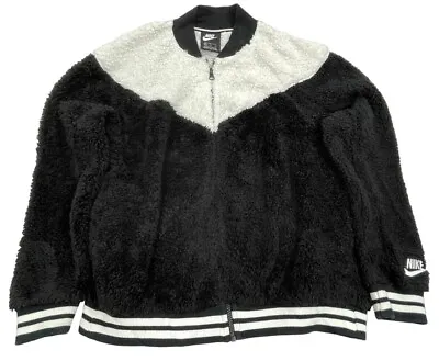 Vintage Nike Sherpa Fury Fleece Black White Colorblock Zip Jacket Women's XL • $14.30