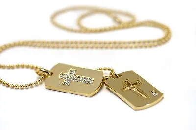 $27.99 • Buy 14K Gold Dipped AAA+ CZ Miltary Dog Tag  Cross Double Tags : 30  Ball Chain