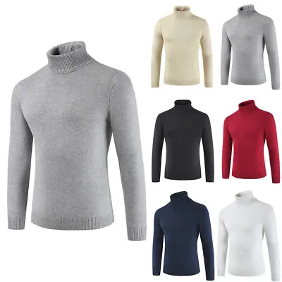 Mens Polo Roll Neck Long Sleeve Jumper Cable Knitted Winter Sweater Pullover UK • £12.59