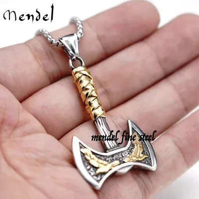 MENDEL Mens Gold Plated Nordic Viking Raven Axe Pendant Necklace Stainless Steel • $11.99