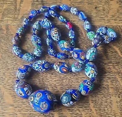 Antique Venetian Millefiori Graduated Murano Glass Bead Necklace 32  Length • £65