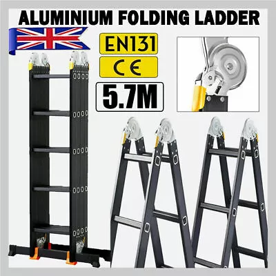 18.7FT Aluminium Folding Multi Purpose Ladder Step Extension Platform Tool Black • £139.97