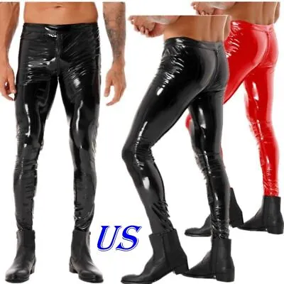 US Mens Wet Look Leather Low Rise Zipper Crotch Tight Long Hot Pants Clubwear • $17