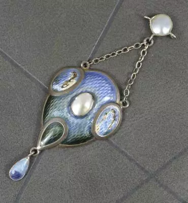 Edwardian Arts And Crafts English Silver Enamel And Pearl Lavalier Pendant • £85