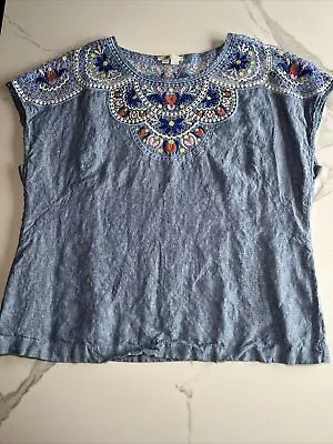 Boden Top Womens Size 20/22 Blouse Blue Short Sleeve Floral Crochet 100% Linen • $34.99