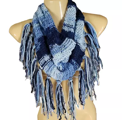 NEW Hand Knitted Blue Ombre Infinity Boho Cowl Scarf Fringe Handmade Knit • $30.62