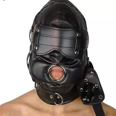 PU Leather Sensory Deprivation Bondage Hood Gimp Mask Padded Open Mouth Gag Plug • $39.99