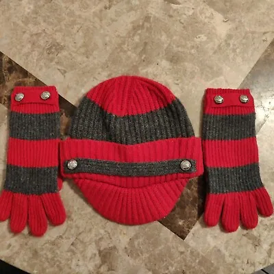 Michael Kors Ladies Hat And Gloves Set Red And Grey   • $29