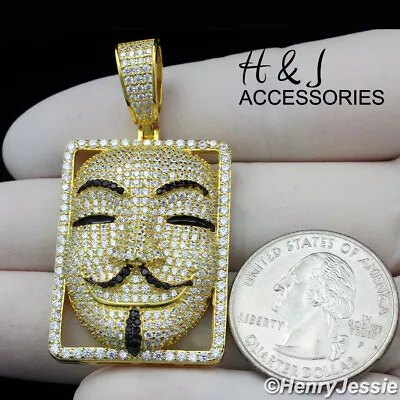 $63.99 • Buy 925 Sterling Silver Icy Cz Gold Plated 3d V For Vendetta Mask Pendant*agp359