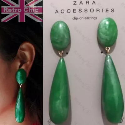 Ex Zara GREEN RESIN 9cm OVERSIZE DROPPER EARRINGS Vintage Clips CHUNKY LONG • £6.99