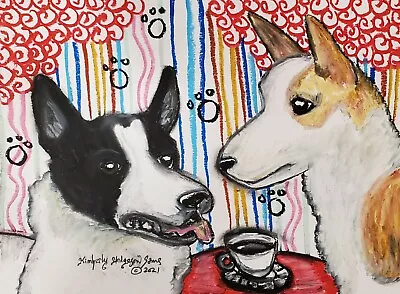 CANAAN DOG Drinking Coffee 13x19 Dog Art Print Signed Artist KSams Vintage Style • $40