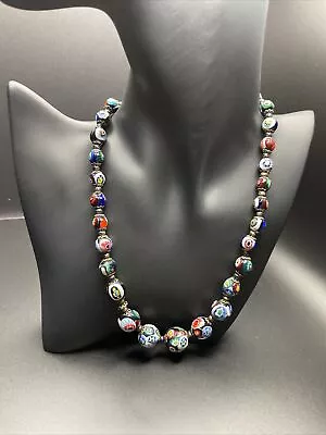 Vintage MILLEFIORI VENETIAN Glass Necklace 8” Long Multi Color Flower Design • $75