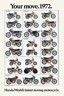 1972 HONDA LINE UP FULL LINE VINTAGE MOTORCYCLE POSTER PRINT 24x16 9MIL PAPER • $25.95