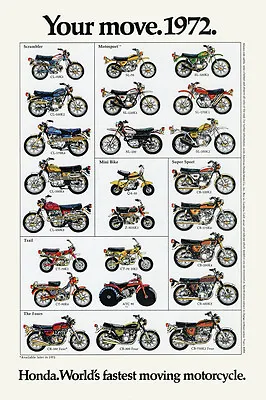 1972 HONDA LINE UP FULL LINE VINTAGE MOTORCYCLE POSTER PRINT 36x24 9MIL PAPER • $39.95