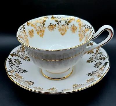 Vintage~ Royal Albert~ Footed Teacup & Saucer~ Gold Leaf & Lattice/Bone China ~ • $13.62