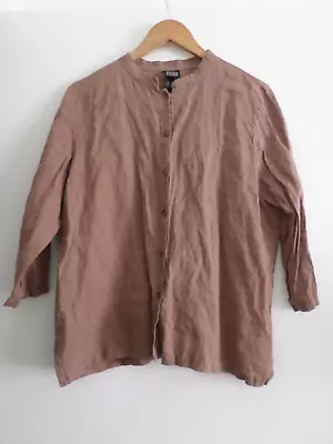 Eileen Fisher Brown Irish Linen Mandarin Collar Button Front Blouse Size L • $23.99