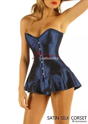 Steel Boned Back Lacing Skirted Satin Overbust Corset Metallic Blue • $64.43