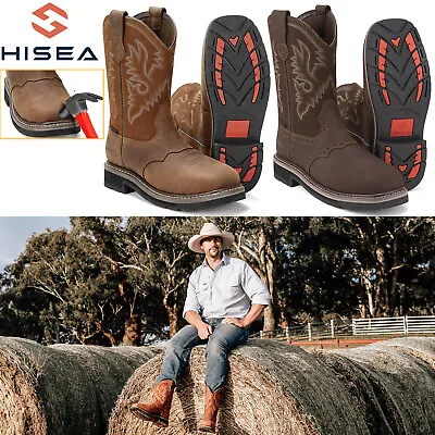 HISEA Men's Square Steel Toe Work Boots Embroidery Leather Western Cowboy Botas • $85.99