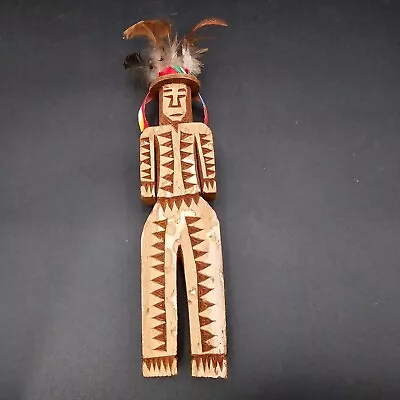 Mexican Carved Wood Spirit Doll Tarahuma Doll Hand Made Wall Hanging Feather Hat • $26.97