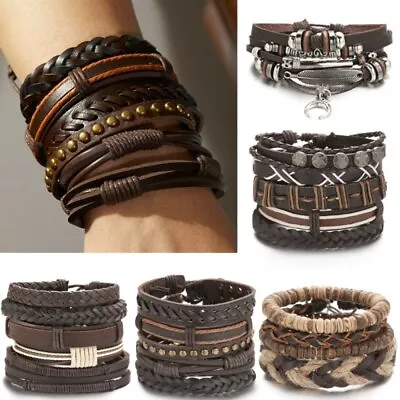 5/6pcs Mens Punk Leather Wrap Braided Bracelet Wristband Bangle Cuff Jewelry New • $2.83