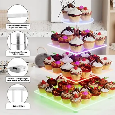 LED Rechargeable Acrylic Cake Stand - 4 Tier Cupcake Hi Tea Party Display Holder • £15.79