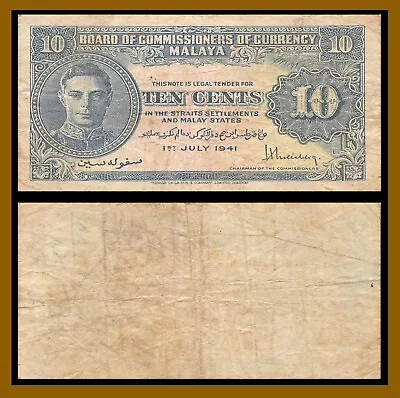 Malaya 10 Cents 1941 P-8 King George VI Banknote Uniface (F/ VF) • $12.21