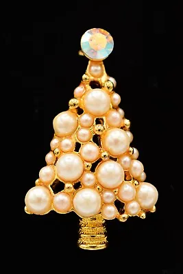 Vintage Christmas Tree Pin Brooch Crystal Rhinestone Gold Pearl Cluster BinJ • $19.96