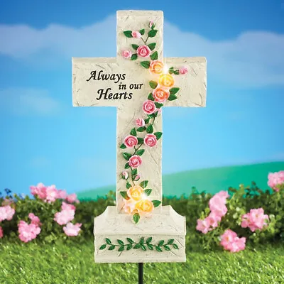 Solar Memorial Cross ALWAYS IN OUR HEARTS Floral Yard Stake Grave Cemetery Decor • £32.09