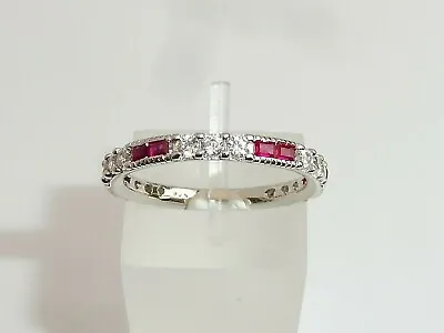 Ladies Art Deco Style 925 Sterling Silver White Sapphire Red Ruby Eternity Ring • £19.95