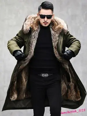 Removable Men's Faux Fur Lined Parka Coat Fur Collar Mid Length Jacket Warm Chic • $160.55