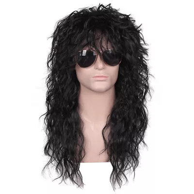 Men Long Curly Wavy Wig 80s Rocker Mullet Party Funny Cosplay Halloween Wig • £15.59