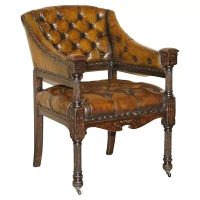 Antique 1880 Art Nouveau Carved Fully Restored Brown Leather Library Desk Chair • $3667.88