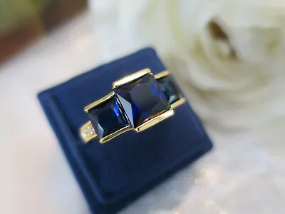 Vintage Jewellery Gold Ring 3x Blue & White Sapphires Art Deco Design Size 9 (85 • $49.95