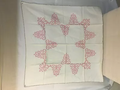 Vintage Tablecloth W/pink Embroidery White Background Silver Color Border • $12