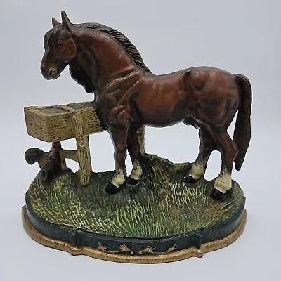 VTG 1960's Cast Iron Painted Horse With Rooster Door Stop Hand Painted 11.5 W • $24.99