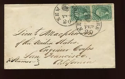 32-33  Used Pair On Cover NY To San Francisco 'Via Steamer' W/Ocean Mail Cancels • $599.99