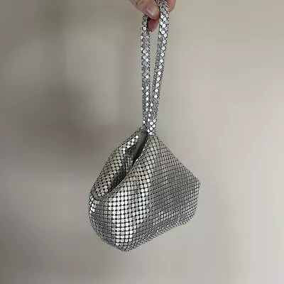 Vintage Silver Metal Mesh Wristlet Purse Handbag Clutch Art Deco Disco Ball Bag • $29.99