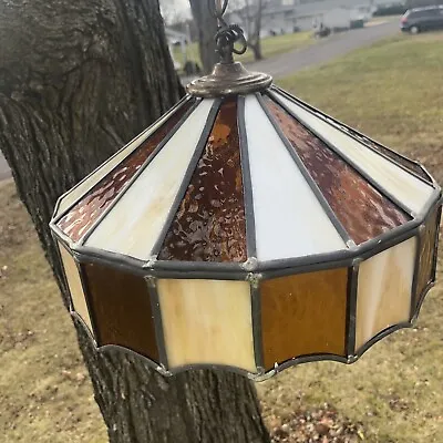 Antique Stained Glass Lamp Shade Amber Glass & Caramel Slag Panels MCM VTG Deco • $144.50