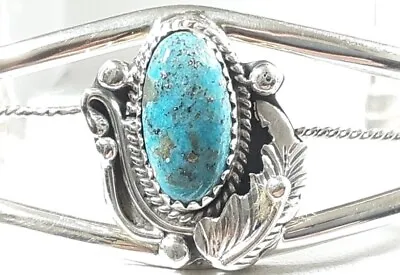 NAVAJO ALICE ROSE SANDERS 925 ETCHED FEATHER TURQUOISE 5 3/8  BRACELET 13.21g • £68.11