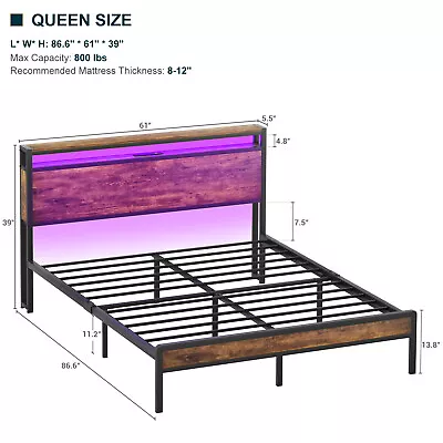 Full/Queen/KING Bed Frame W/ LED Lights Headboard Metal Platform Bed & Outlets • $149.99