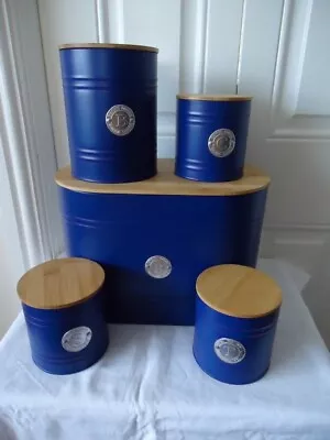 Set Of 5 Blue Metal Kitchen Storage Canisters - Bread Bin Tea Coffee Sugar • £12.99