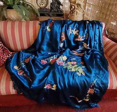VintageMCM Blue & Pink Satin Embroidered Birds & Floral Boudoir Style Bed Cover  • $87