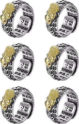 6 PCS Pixiu Feng Shui Ring For Women Men Adjustable Silver MANI Mantra Ring Amul • $21.24