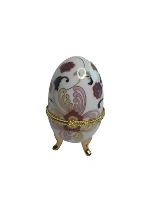 Vintage Porcelain Floral Hand Painted Hinged Footed Egg Trinket Box • $9.99