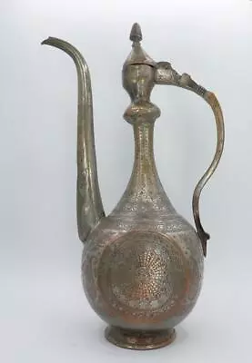 Antique 16'' Middle Eastern Arabic Islamic Silvered Copper Ewer Birds Flowers • $350