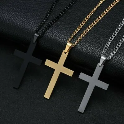 Cross Pendant Necklace Stainless Steel Plated Silver Gold Men Women Cuban Chain • $4.05