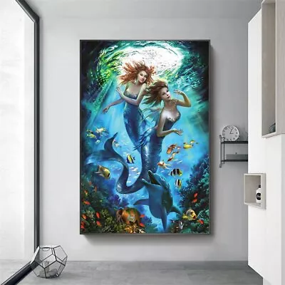 Two Sisters Mermaids In Sea Canvas Painting Canvas Wall Art Canvas Poster Prints • $9.39