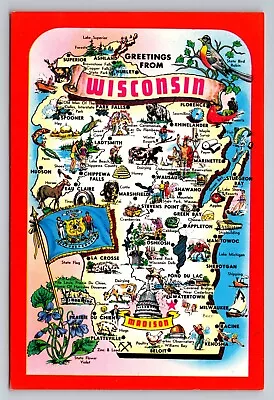 Greetings From Wisconsin State Map Vintage Unposted Postcard Capital Madison • $7