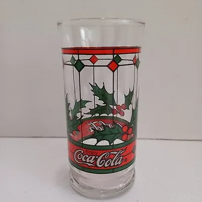 Vintage Coca Cola Holiday Style Stained 16oz Drinking Glass Tumbler Holly Berry • $11.39